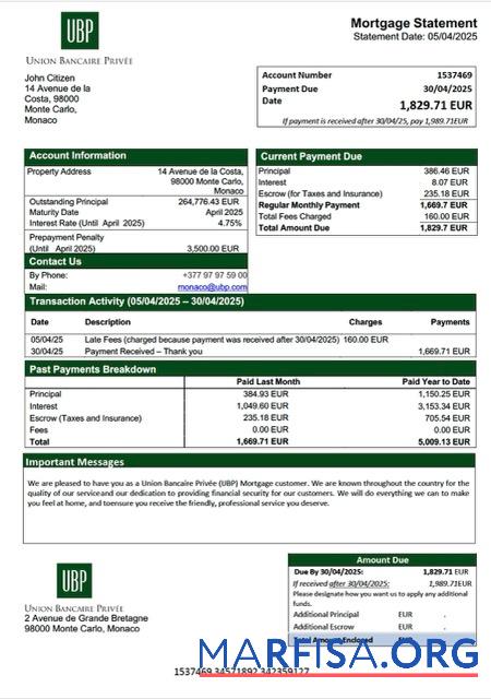 Blank Monaco Union Bancaire Privée (UBP) mortgage statement Word and PDF template